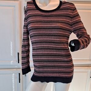 J. Crew Factory Pink and Black Striped Crew Neck Sweater